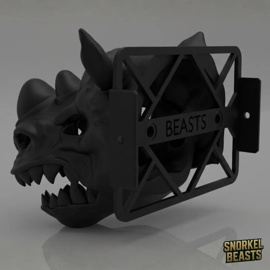 Black rhino-shaped car snorkel with a visible brand logo on a grey background