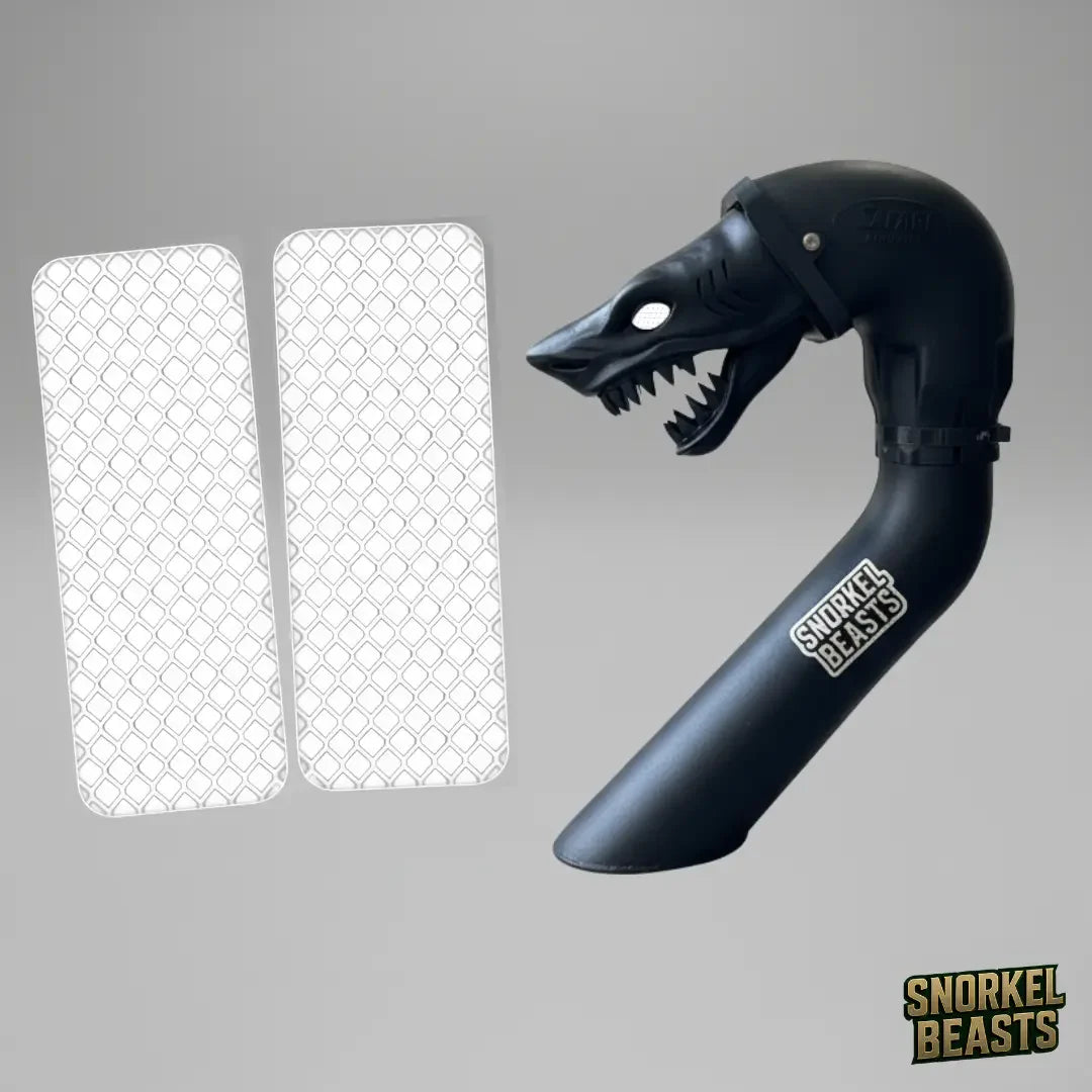 Black snorkel design with shark design and two white reflector panels on a gray background, featuring 'Snorkel Beasts' branding.