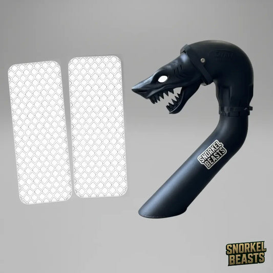 Black snorkel design with shark design and two white reflector panels on a gray background, featuring 'Snorkel Beasts' branding.