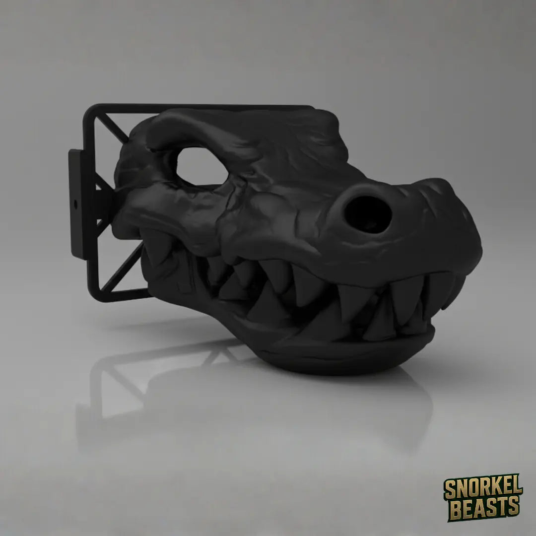 Black crocodile-shaped car snorkel with a visible brand logo on a grey background