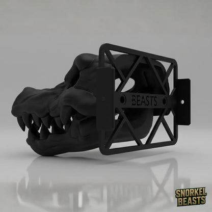 Black crocodile-shaped car snorkel with a visible brand logo on a grey background