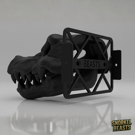 Black crocodile-shaped car snorkel with a visible brand logo on a grey background