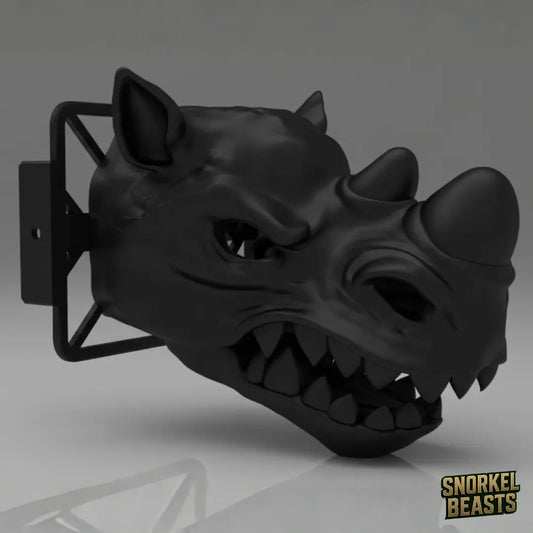 Black rhino-shaped car snorkel with a visible brand logo on a grey background