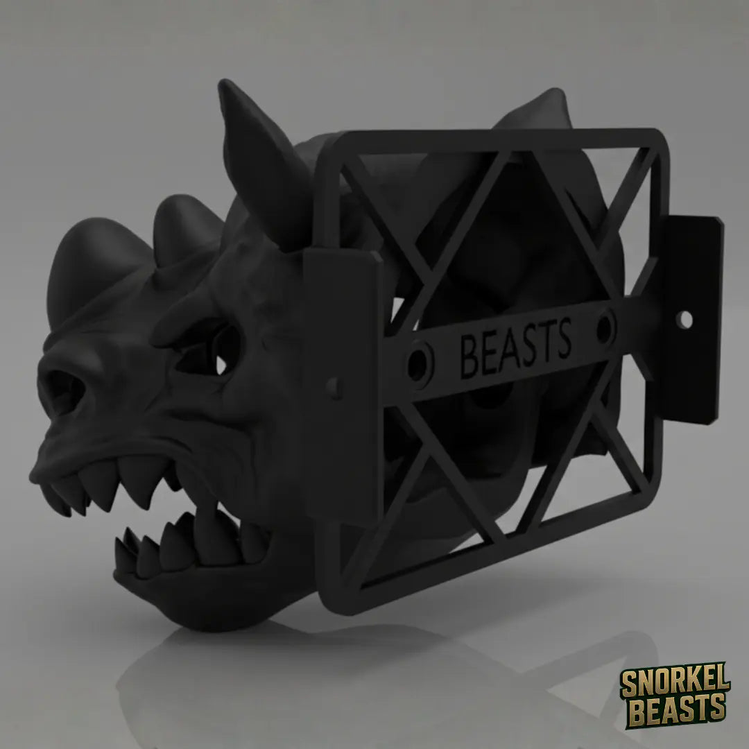 Black rhino-shaped car snorkel with a visible brand logo on a grey background