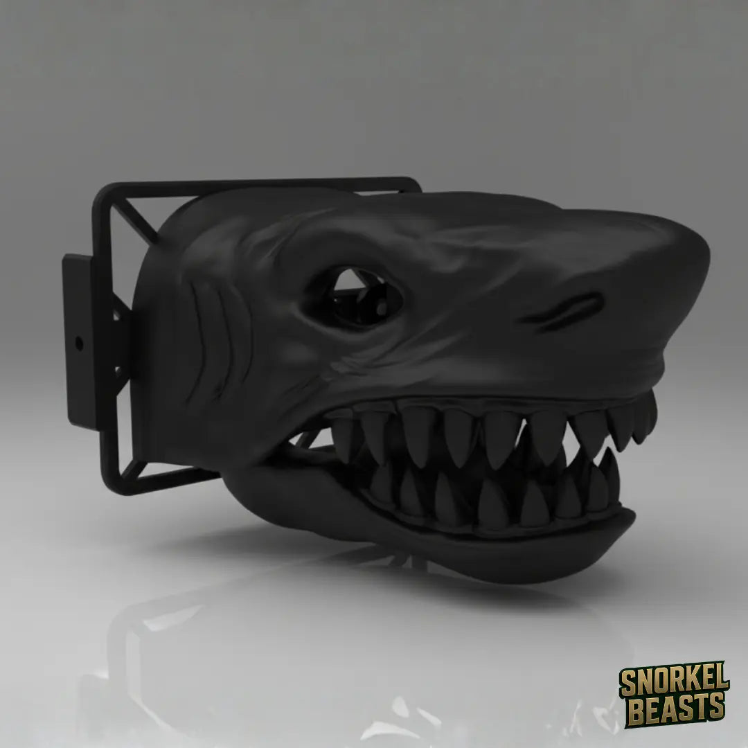 Black shark-shaped car snorkel with a visible brand logo on a grey background