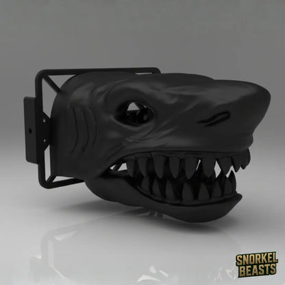 Black shark-shaped car snorkel with a visible brand logo on a grey background