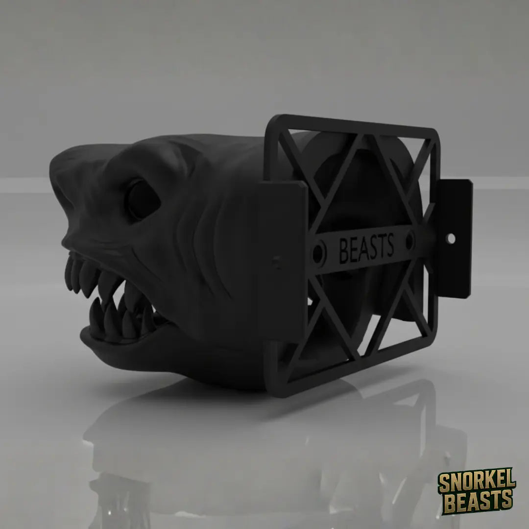 Black shark-shaped car snorkel with a visible brand logo on a grey background