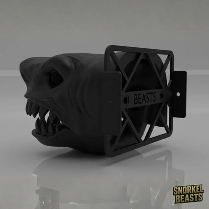 Black shark-shaped car snorkel with a visible brand logo on a grey background